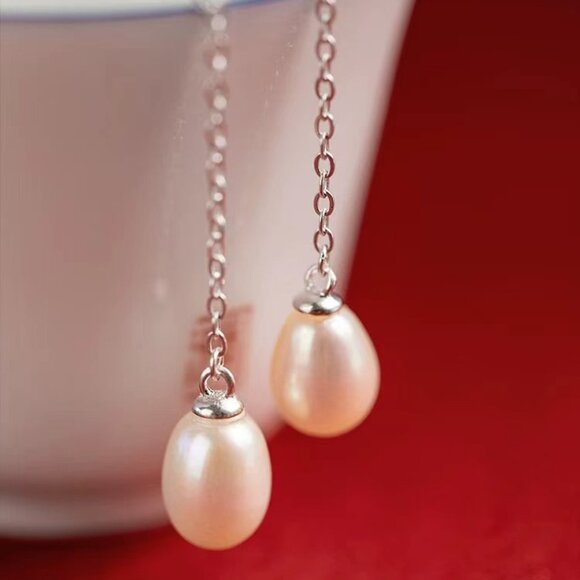 Genuine Freshwater Pearl Earrings Studs 925 Sterling Silver Long Earrings - Picture 2 of 9